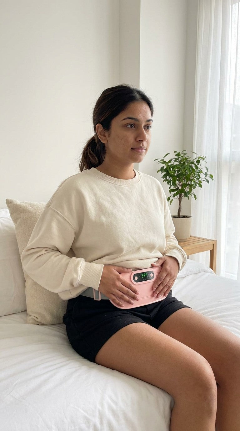 Woman wearing the WarmEase period belt in bedroom setting