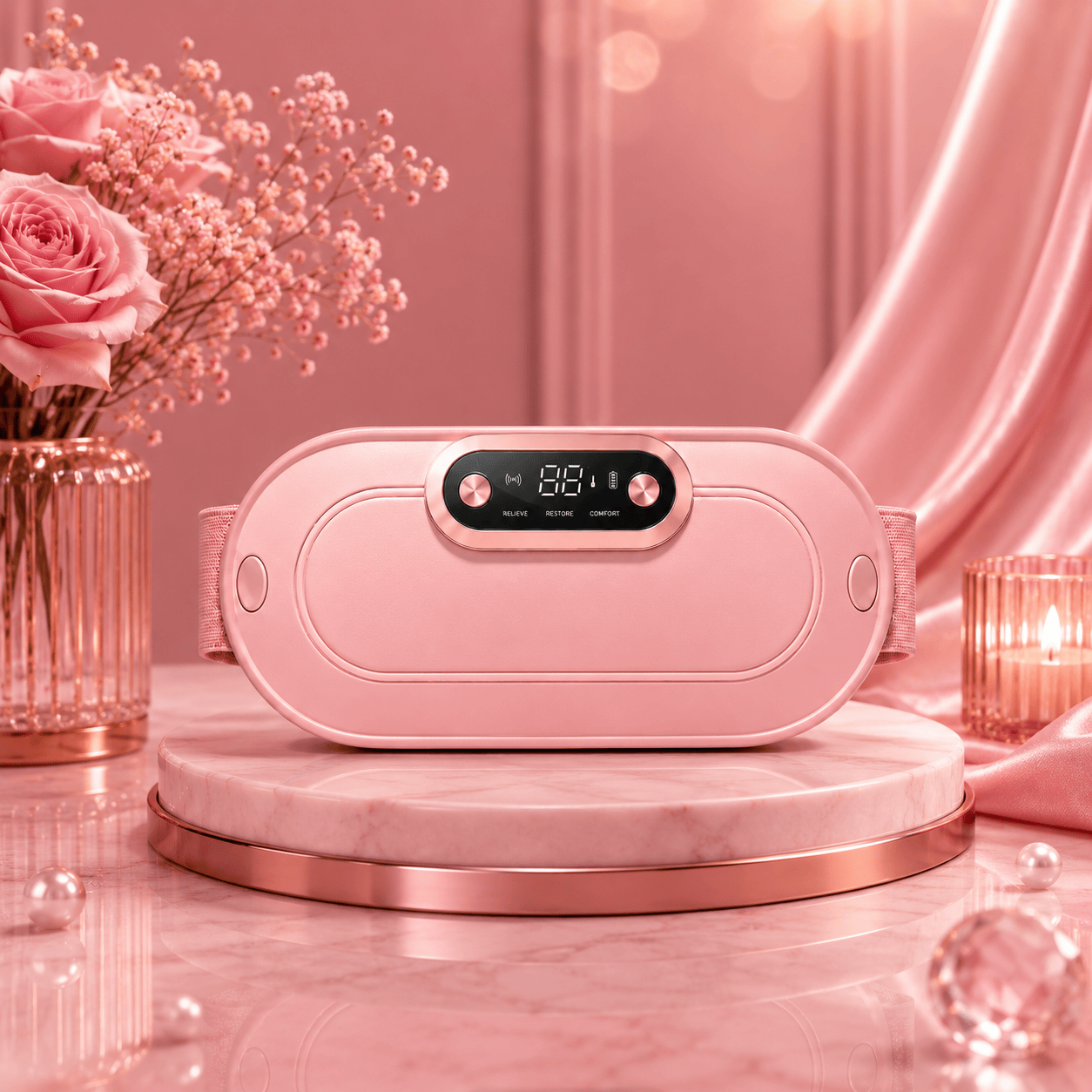 Pink electronic device on a marble platform with flowers and candles in the background