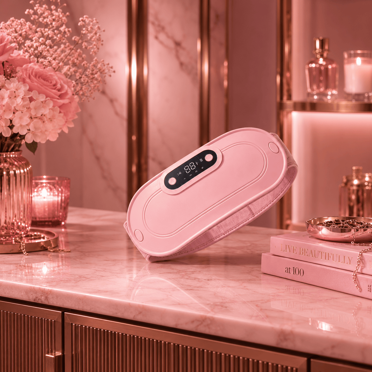 Pink electronic device on a marble surface with decorative items in the background