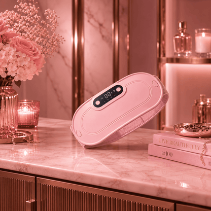 Pink electronic device on a marble surface with decorative items in the background