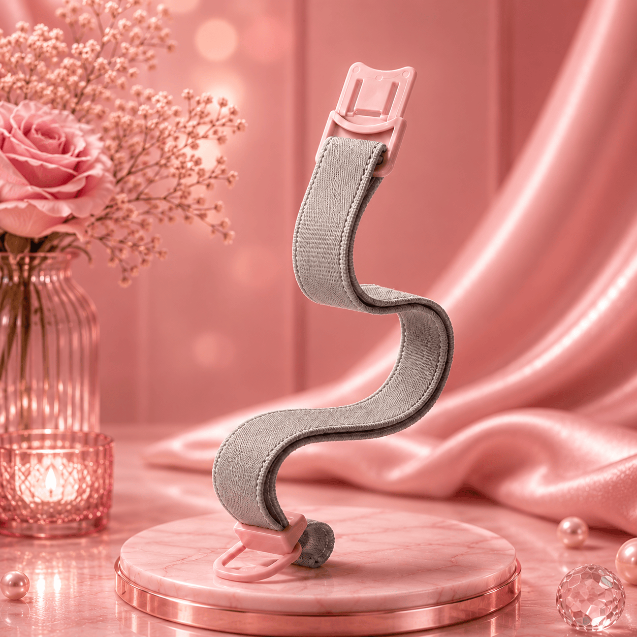 Pink hair tie on a stand with pink roses and fabric in the background