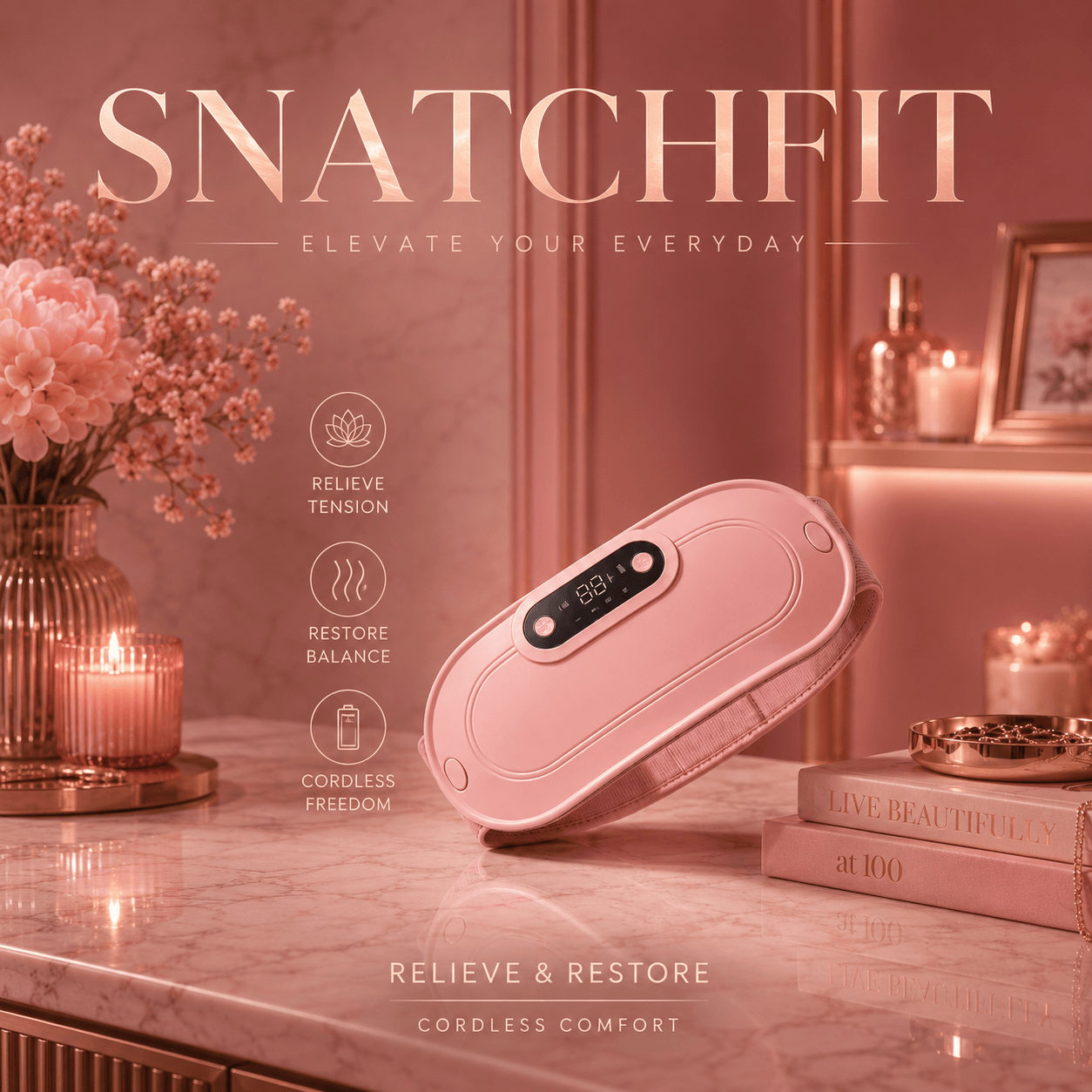 Pink handheld device on a marble surface with decorative items and 'Snatchfit' branding.