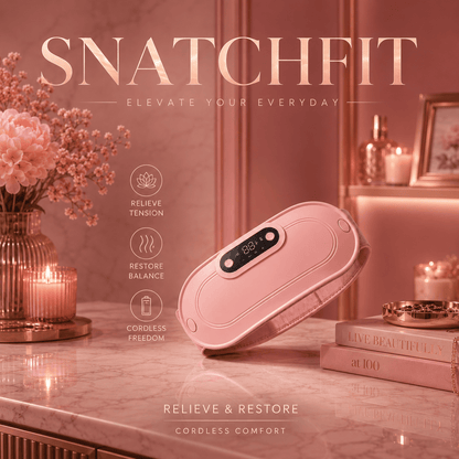 Pink handheld device on a marble surface with decorative items and 'Snatchfit' branding.