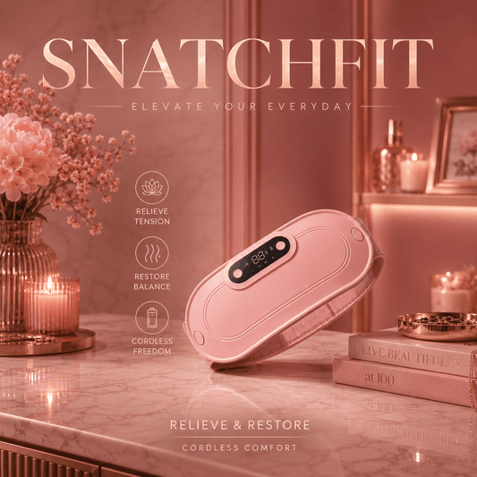 Pink handheld device on a marble surface with decorative items and 'Snatchfit' branding.